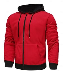 economico -Per uomo Felpa con cappuccio e zip Felpa con cappuccio a zip intera Sherpa peloso Felpa con cappuccio in pile Nero Rosso Verde Grigio chiaro Grigio scuro Con cappuccio Liscio Zip Up Cerniera Tasche