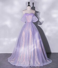 preiswerte -A-Linien-Ballkleider, elegantes Kleid, formelle Maskerade, bodenlang, kurze Ärmel, quadratischer Ausschnitt, Tüll mit Glitzer 2025