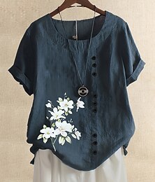 economico -Per donna Taglie Forti Camicie ispirate al lino Blusa Fiore Casual Manica Corta Girocollo Top Regolari Quotidiano Stampato Blu Reale Tutte le stagioni