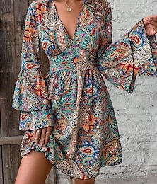 economico -Per donna Mini abito Abito casual Vestito svasato Abito linea A Abito boho Boemia Vintage Informale Giornaliero Standard Floreale Motivo cashemire Manica lunga A V Rosso Blu Arcobaleno Estate