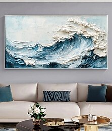 お買い得  -3Dフレームの海の波の油絵、手描きの青い海の油絵、キャンバスに描かれた手作りの抽象的な自然、青い海の質感のある絵画、壁アート、ミニマリスト、リビングルームの装飾用の大きな壁アート絵画
