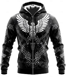 abordables -Hombre guerrero vikingo Vikingo Sudaderas Moda Fresco Manga Larga Con Capucha Vacaciones Noche Ropa de calle Negro Correa Cremallera Otoño Invierno Diseñador