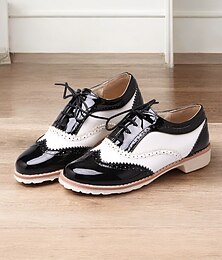 abordables -Zapatos oxford brogue beige y blancos para mujer: zapatos casuales vintage de tacón bajo con cordones para uso diario