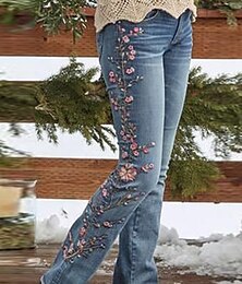 abordables -Femme Normal Jeans mode Rétro Vintage Toute la longueur Taille haute Floral Poche Confortable Respirable Micro-élastique Extérieur Plein Air Bleu Printemps & Automne Standard