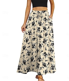 baratos -saia longa feminina maxi saias patchwork floral gráfico saindo casual diário verão elegante vintage azul preto azul cáqui