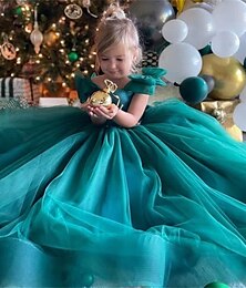 billiga -Barn Flickor Festklänning Ensfärgat Kortärmad Prestanda Nät Prinsessa Ljuv Maska Mitt på vaden Sheath Dress Tyllklänning Sommar Vår Höst 2-12 år Grön