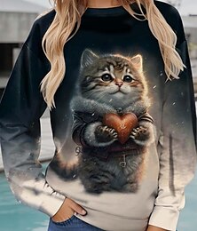 abordables -Sudadera de mujer con estampado gráfico de calle para uso diario, informal, cuello redondo, manga larga, microelástica, otoño e invierno, cómoda, transpirable, tejido suave