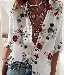 economico -Per donna Camicia Blusa Floreale Essenziale Informale Manica lunga Colletto Top regolari Giornaliero Bottoni Stampa Bianco Autunno Inverno