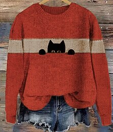 abordables -Femme Pull Chandail du quotidien Graphic Col Ras du Cou Imprimer manche longue Hauts réguliers Tricoter Formel Fin de semaine Rouge vin Noir Automne Hiver