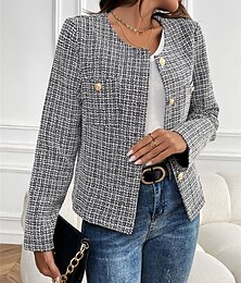 voordelige -Dames Vrijetijdsjas Houd Warm Ademend Knop Casual Ruitjes Vakantie Straat Alledaagse kleding Uitgaan Enkele rij knopen Kort Ronde hals Normale pasvorm Lange mouw bovenkleding Zwart Herfst Winter