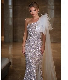 economico -Abiti da ballo sirena  tromba abito elegante formale matrimonio strascico lungo senza maniche spalla unica tulle con glitter in piuma
