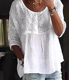 economico -Per donna Camicia Camicie di cotone e lino Blusa Tinta unica Essenziale Casual Manica 3/4 Scollo a V Top Regolari Quotidiano Pizzo Patchwork Bianco Blu Estate Primavera
