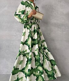 economico -abito lungo da donna con scollo a V floreale e maniche lunghe estate primavera