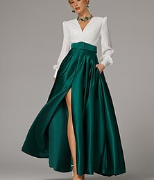 economico -Abito da Sera A-Line Abito con Alte Fessure Formale Ospite di Matrimonio Lunghezza Piena Maniche Lunghe Scollo a V Matrimonio d'Autunno Satin con Pieghe Fessura