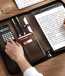 abordables -Cartera de negocios de cuero vegano con cremallera, todo en uno. Funda protectora inteligente para tableta, ranura para presentación, calculadora, almacenamiento de tarjetas, bloc de notas.