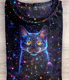 abordables -Jersey de mujer casual con estampado de gato para uso diario, cuello redondo, manga larga, azul, otoño e invierno