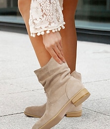 abordables -bottines souples en daim beige pour femmes – bottines décontractées et confortables à talon bas de style western
