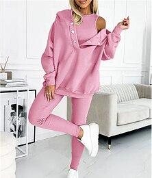 abordables -Conjunto de 3 piezas de ropa de estar por casa para mujer, sudadera con capucha coordinada con abertura en el hombro y pantalones deportivos, conjunto deportivo informal rosa, elástico, de moda para