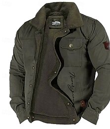 economico -giacca da uomo in pile ricamato con stampa a lettere, giacca da camionista in sherpa, giacca cargo da lavoro, colletto rovesciato, calda giacca invernale in cotone, cappotto casual vintage da sera,