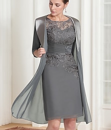 abordables -gaine / colonne robe costume mère de la mariée robe élégante vintage col de bijoux longueur genou mousseline de soie dentelle 3/4 manches veste robes avec dentelle froncée appliques 2025