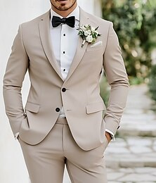 abordables -Trajes de Boda para Hombre Beige Trajes de Padrinos Moda Empresarial Verano Sólido Ajuste Estándar 2 Piezas Con Dos Botones