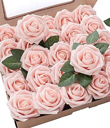 abordables -25 piezas/set de flores artificiales para decoración de bodas, ramos de rosas, regalo del día de San Valentín, rosas falsas de espuma de marfil de aspecto real con tallos para ramos de boda de