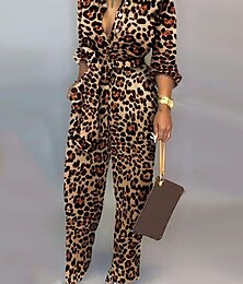 abordables -Mujer Normal Mono Activo Leopardo Manga Larga Cuello Camisero Alta cintura Vacaciones Diario Ajuste regular Blanco Marrón Gris Verano