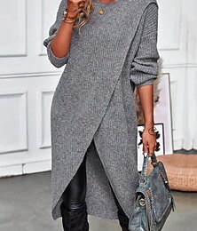 abordables -Femme Pull Chandail Robe pull Décontractées Flexible Couleur monochrome A côtes Col Ras du Cou Tricoté manche longue Hauts longs Tricoter Extérieur du quotidien Fin de semaine Vert Kaki Automne Hiver