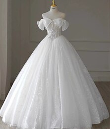 economico -Abiti da sposa gown a ballo scollo a barca maniche a cappuccio treno di corte in satin abiti da sposa con arricciature di colore solido