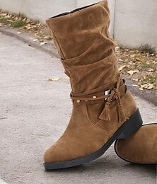 abordables -Botas de media pantorrilla de ante sintético holgadas para mujer con tiras tachonadas y detalles de borlas: estilo bohemio informal para otoño e invierno