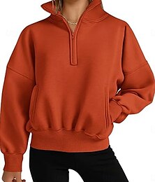abordables -Sudadera de mujer, informal, lisa, para uso diario, con cuello alto, bolsillo, media cremallera, manga larga, blanca, rosa, naranja, otoño e invierno