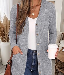 abordables -Mujer Pulóveres Cárdigan Casual Suave Color puro Estriado Escote en Pico Botones Bolsillo De Punto Manga Larga Tops regulares Tejer Exterior Diario Fin de semana Rosa polvorienta Caqui Otoño Invierno