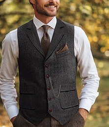 billige -Brun Grå Herre Fiskebein Tweed Vest Standard Passform Notch Enkeltkneppet Fem-knapper