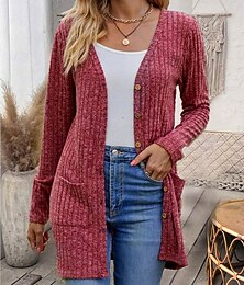 preiswerte -Damen Strukturjacke Strickjacke lässig einfarbig schlicht gerippt asymmetrisch V-Ausschnitt Tasche Knöpfe gedreht Langarm Normal Tops Strick Alltag Wein Armeegrün Frühling Herbst