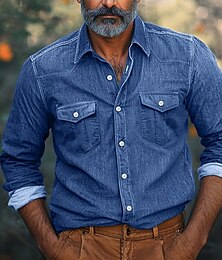 billiga -Herr Skjorta Chambray skjorta Calico skjorta Casual skjorta Knapp upp skjorta Jeansskjorta Svart Marinblå Blå Ljusblå Långärmad Slät Krage Semester Dagligen Kläder Mode Ledigt