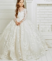 voordelige -Kinderen Voor meisjes Bloemenmeisjesjurk Jurk Eerste Communie Jurk Effen Kleur Lange mouw Formeel Prestatie Bruiloft Netstof Elegant Prinses Netstof Kant Volledige lengte Schede jurk Tule-jurk Zomer