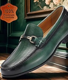 ieftine -Mocasini din piele de vacă premium verzi pentru bărbați - pantofi de rochie cu detaliu cu cataramă metalică pentru îmbrăcăminte formală și de afaceri
