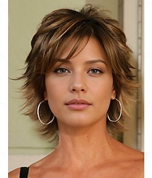 economico -parrucca ispirata a lisa rinna parrucca asimmetrica riccia corta castana sintetica capelli donna design alla moda morbido castano naturale