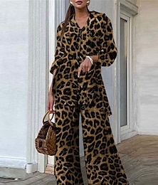 economico -Per donna Di tendenza Streetwear Giornaliero Camicia Pantaloni a gamba larga Manica lunga Colletto Leopardo Stampa Informale Giornaliero Marrone Cachi Grigio Autunno Standard