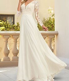 economico -Abiti da sposa matrimonio in spiaggia A-Line scollatura a V maniche lunghe lunghezza pavimento in chiffon da sposa con pieghe