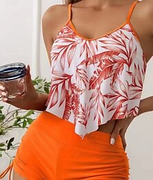 billige -Dame Badetøy Tankini 2 stk Guttelår Badedrakt Åpen rygg Høy Midje Ferie Strand Klær Blader V-hals Ermeløs Badedrakter