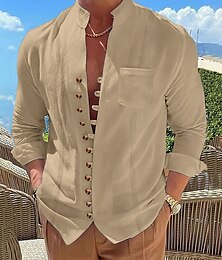 economico -Per uomo Camicia camicia di lino Camicia Guayabera Camicia estiva Maglietta informale Camicia con bottoni Liscio Da mare Curise Nero Bianco Rosa Cachi Manica lunga A fascia Estate Primavera & Autunno