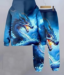 billiga -Pojkar 3D Grafisk Drake Huvtröja & träningsbyxor Set Sportdräkt Träningsoveraller Långärmad Vår Höst Dagligen Grundläggande Ledigt Barn 4-12 år Huva Utomhus Semester Sport Skräddarsydd passform