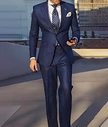 economico -Per uomo Completo Giacca Attività commerciale Cocktail party Ricevimento di matrimonio Di tendenza Informale Primavera & Autunno Poliestere Strisce Bottoni Tasche Comodo Monopetto Giacca Nero Blu