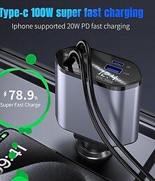 economico -Caricabatteria per auto 4 in 1 Caricabatteria per auto 100w Doppio cavo retrattile di tipo c e 2 porte usb Compatibile con caricabatteria per auto