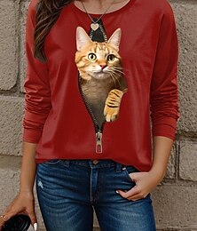 abordables -Mujer Camiseta Gato Moda Moderno Casual Manga Larga Cuello Barco Tops regulares Diario Fin de semana Estampado Blanco Amarillo Rojo Azul Piscina Azul polvoriento Otoño Invierno