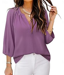 economico -Per donna Camicia Blusa Tinta unica Lavoro Moderno Informale Manica a 3/4 A V Top regolari Ufficio Abbigliamento formale Bottoni Viola Beige Estate Primavera