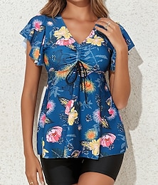 abordables -Femme Maillots de Bain Tankini 2 pièces Jambe de garçon Maillot de bain A Volants Dos Nu Taille haute Vacances Tenues de plage Floral Col V Manches courtes Maillots de bain