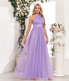 economico -Abiti da Sposa A-Line Elegante Vestito da Ospite Matrimonio Vestiti da Festa Lunghezza Piena Senza Maniche Collo Halter Tulle con Fiocco (o Fiocchi)