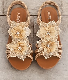 levne -dámské hnědé tkané sandály na klínku v bohémském stylu s květinovým zdobením - pohodlné letní sandály na pláž a běžné výlety